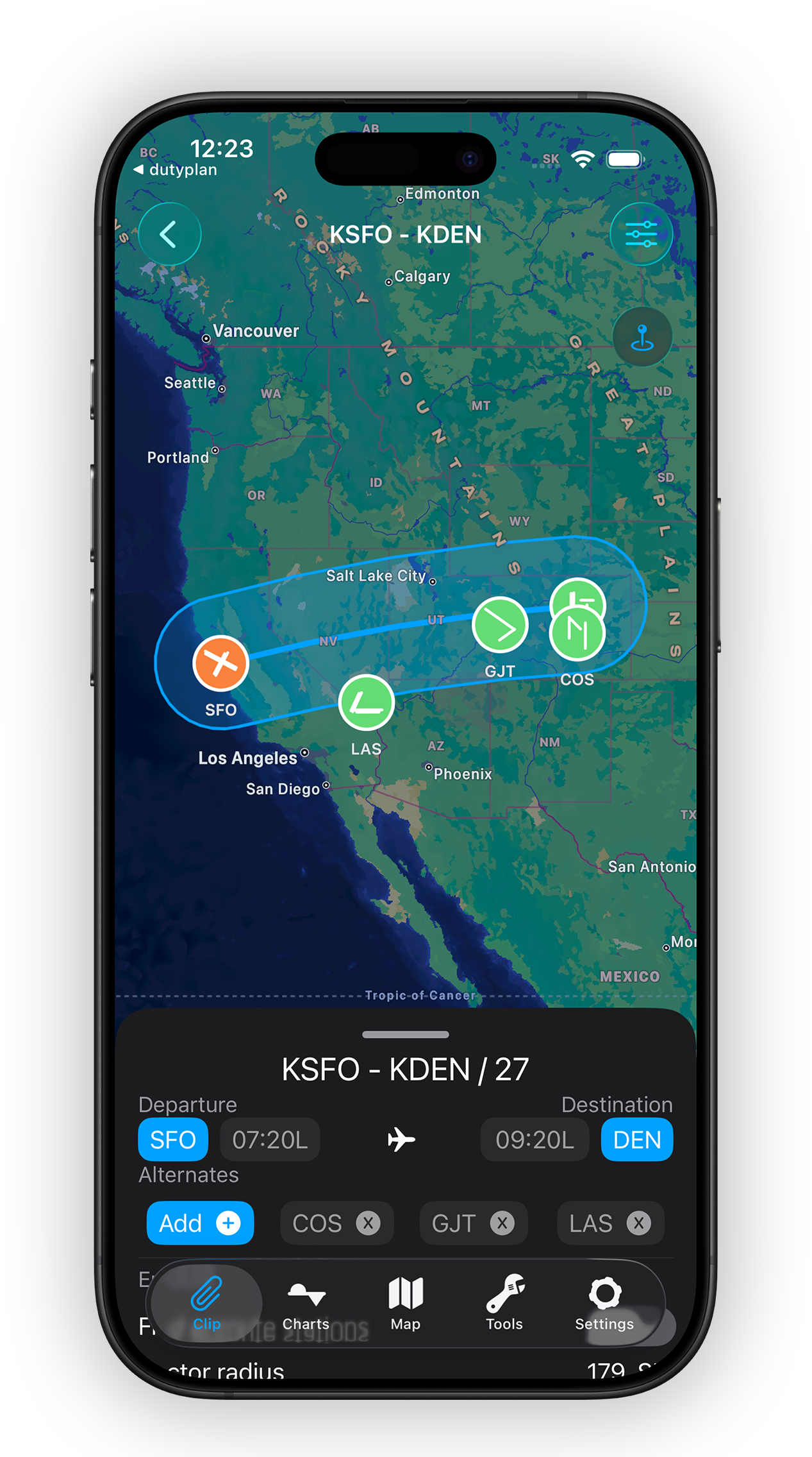 Interactive map with flight route, live weather radar and station lookup