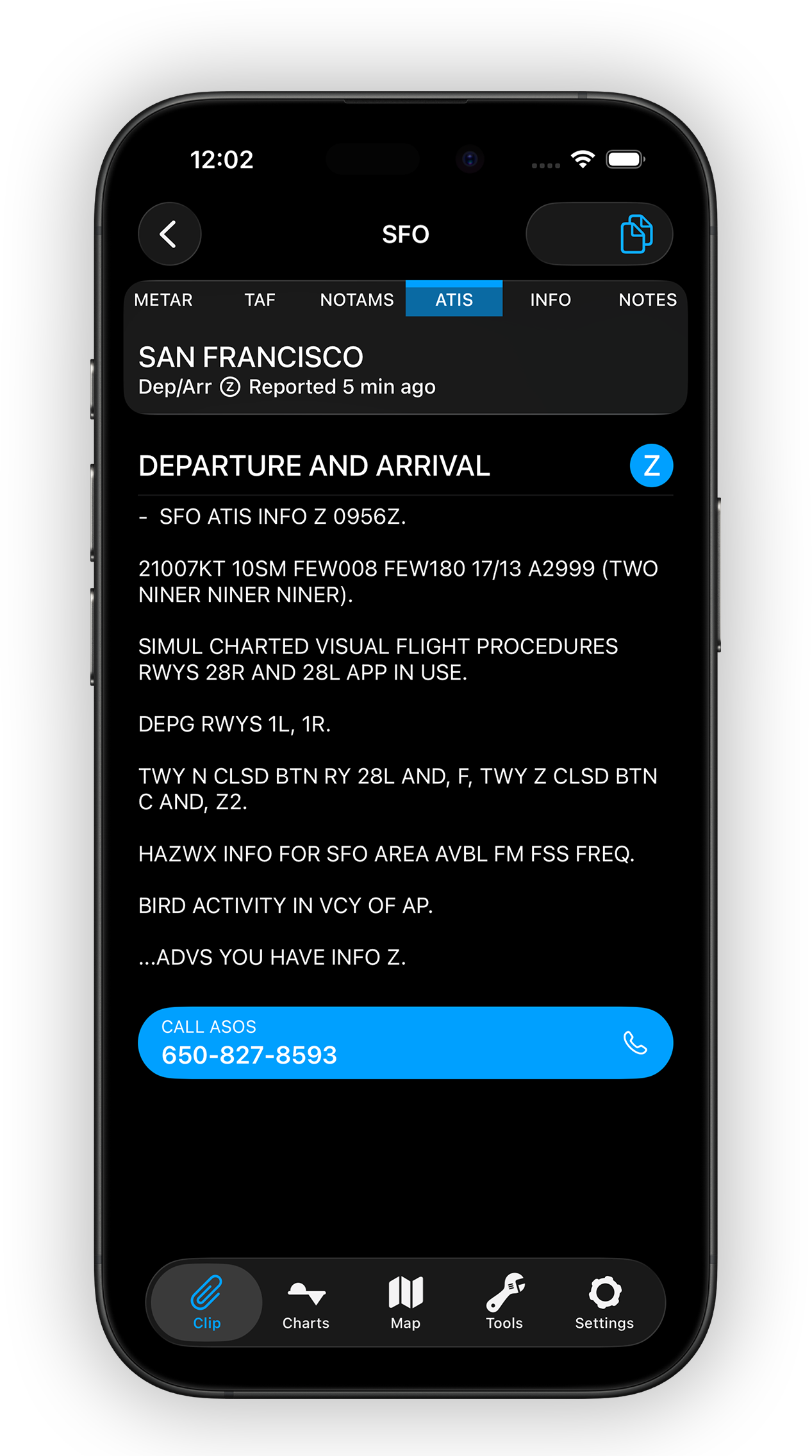 Live D-ATIS report for departure and arrival