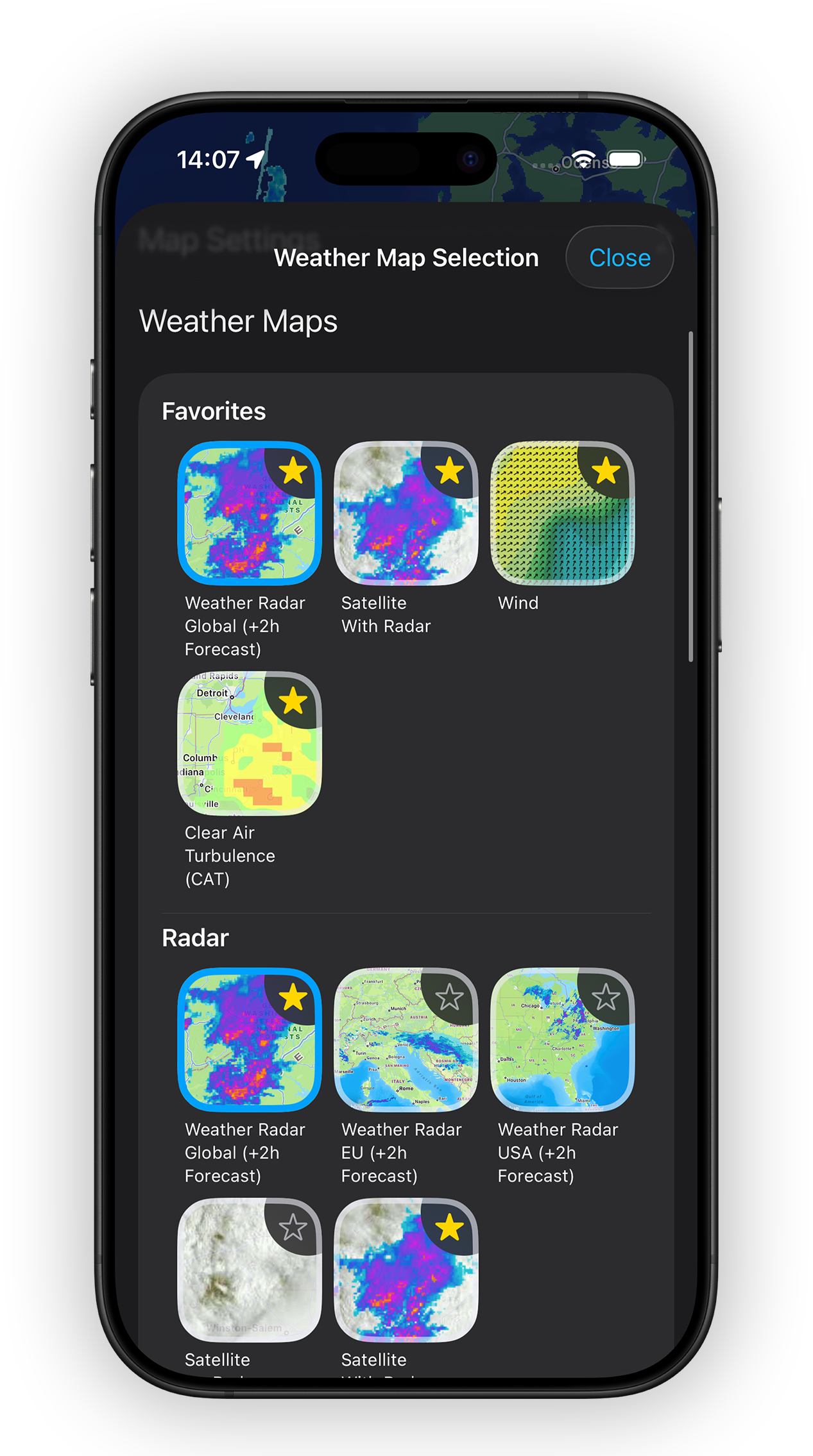 Weather map selection with radar, satellite and wind layers